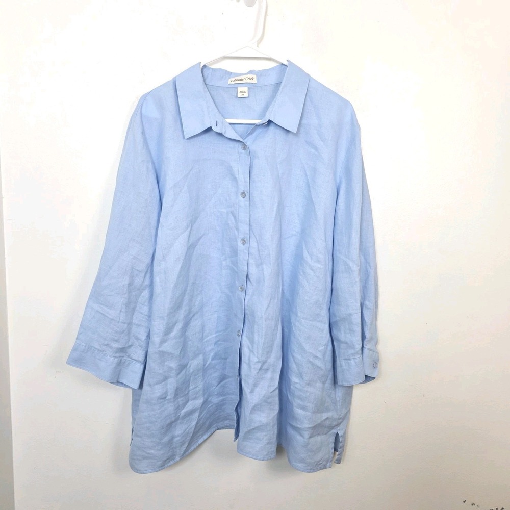 Coldwater Creek Light Blue 100% Linen 3/4 Sleeve Beachy Button Up Shirt 2X
